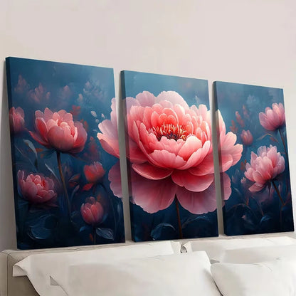 3pcs Large Floral with Dark Navy Blue Painting   Wall Art Set Canvas Framed 40x60cm - High Quality Print 100% Australian Made Wall Canvas Ready to Hang