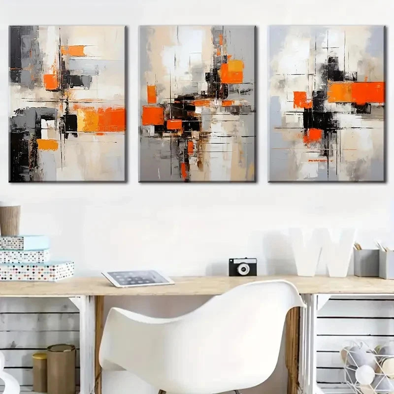 3pcs Abstract Orange & Black Geometric Prints Metal Print Ready to Hang Art - Bella Home Decor