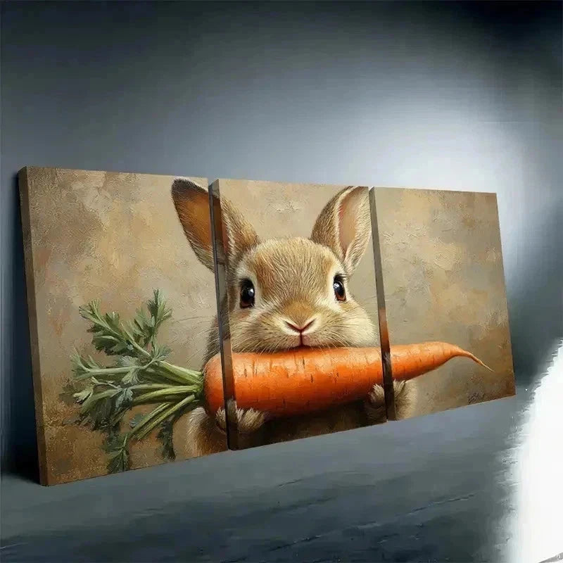 3pcs 2D Rustic Rabbit Wall Art Set Canvas Framed 60x90cm - High Quality Print 100% Australian Made Wall Canvas Ready to Hang - Bella Home Decor