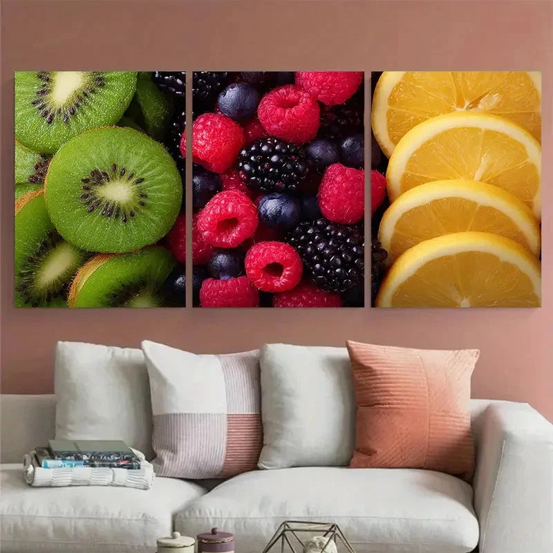 3pcs Berries & Kiwi Tropical Fruits Illustration Wall Art Set Canvas Framed 60x90cm - High Quality Print 100% Australian Made Wall Canvas Ready to Hang - Bella Home Decor