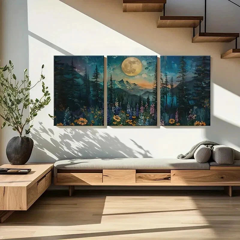 3pcs Moonlit Forest Landscape Floral Meadow Metal Print Ready to Hang Art - Bella Home Decor