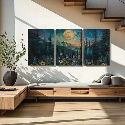 3pcs Moonlit Forest Landscape Floral Meadow Metal Print Ready to Hang Art - Bella Home Decor