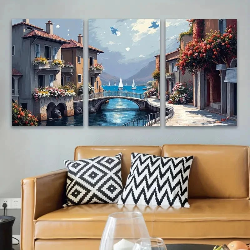 3pcs European Street And Harbor View Wall Art Set Canvas Framed 60x90cm - High Quality Print 100% Australian Made Wall Canvas Ready to Hang
