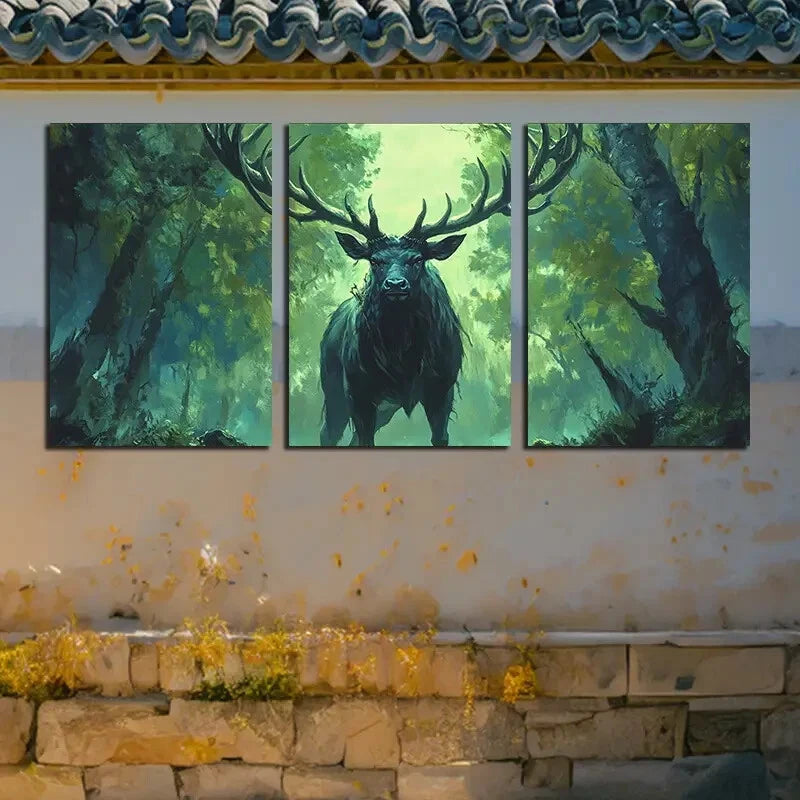 3pcs Vibrant Furious Black Stag Forest Metal Print Ready to Hang Art