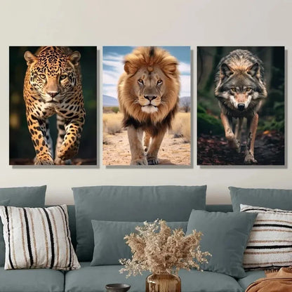 3pcs Wildlife JAGUAR, Lion and Brazilian Wolf  Canvas Framed 50x70cm - High Quality Print 100% Australian Made Wall Canvas Ready to Hang