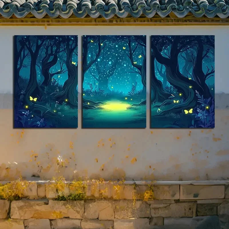3pcs Modern Nature-Themed Glowing Night Scene Metal Print Ready to Hang Art - Bella Home Decor