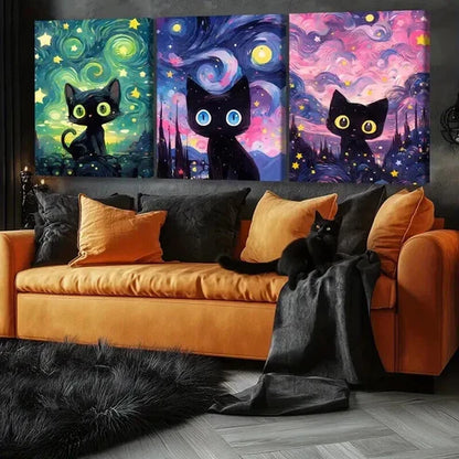 3pcs Cute Black Cat Fantasy Decorations Wall Art Set Canvas Unframed - High Quality Print 100% Australian Made Wall Canvas - Bella Home Decor
