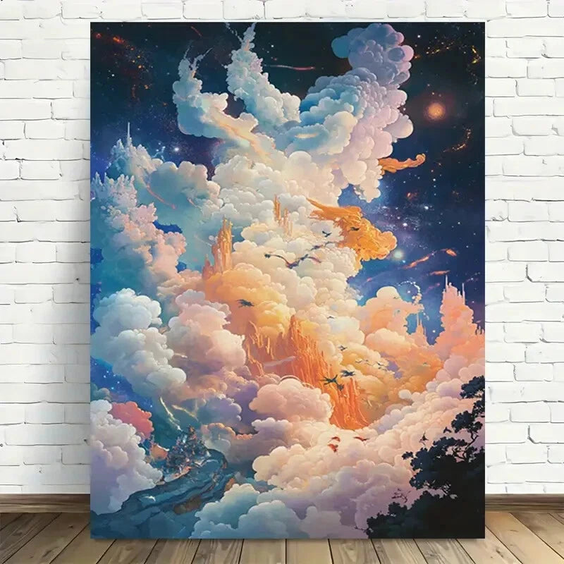 Beautiful Fantasy Cloudscape Vibrant Castle Painting 40x60cm Metal Print Ready to Hang - Bella Home Decor