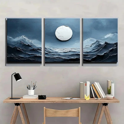 3pcs Blue & White Textured Minimalist Abstract Metal Print Ready to Hang Art - Bella Home Decor