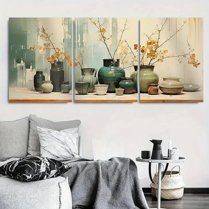 3pcs Ceramic Vases with Flower Branches Metal Print Ready to Hang Art - Bella Home Decor