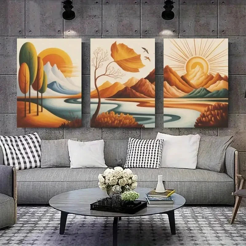 3pcs Abstract Trees Sun Decorations Paint Wall Art Set Canvas Framed 50x70cm - High Quality Print 100% Australian Made Wall Canvas Ready to Hang - Bella Home Decor
