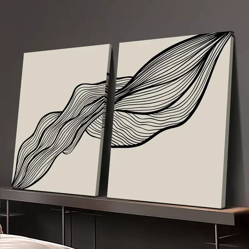 2pcs Wavy Black Line Art Canvas Framed 50x75cm - High Quality Print 100% Australian Made Wall Canvas Ready to Hang - Bella Home Decor