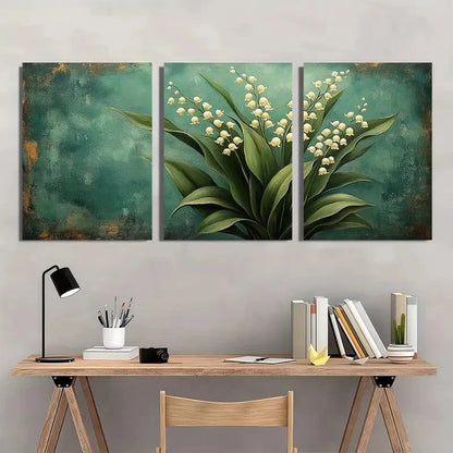 3pcs Green Rustic Vintage Lily of the Valley Wall Art Set Canvas Framed 60x90cm - High Quality Print 100% Australian Made Wall Canvas Ready to Hang