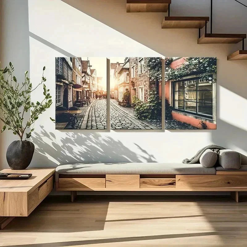 3pcs European Style Street Decoration Wall Art Set Canvas Framed 50x70cm - High Quality Print 100% Australian Made Wall Canvas Ready to Hang
