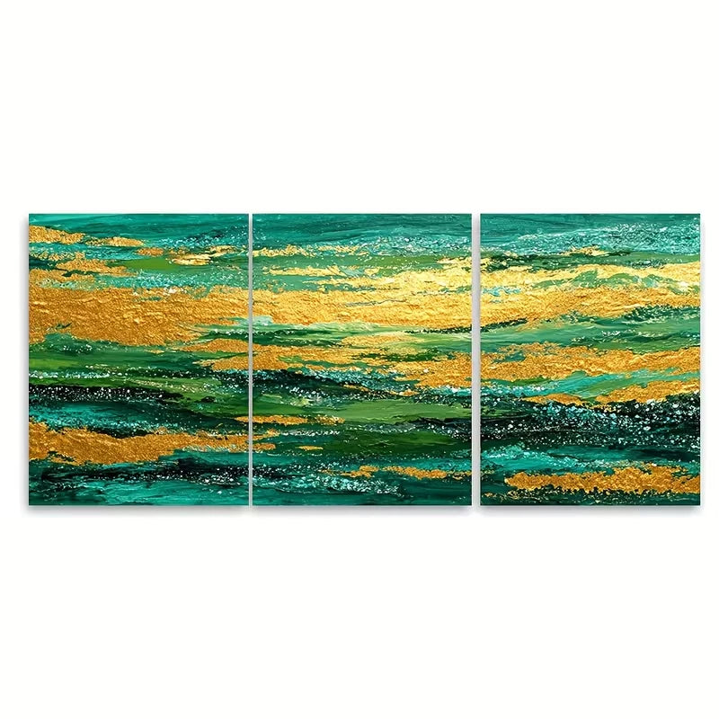 3pcs Abstract Landscape Teal Green, Golden, Black, Metal Print Ready to Hang Art - Bella Home Decor