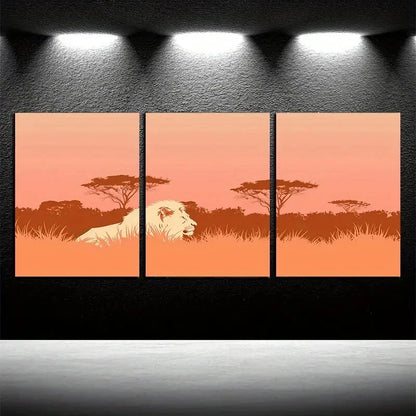 3pcs Vibrant Lion Silhouette on Grassland Metal Print Ready to Hang Art - Bella Home Decor