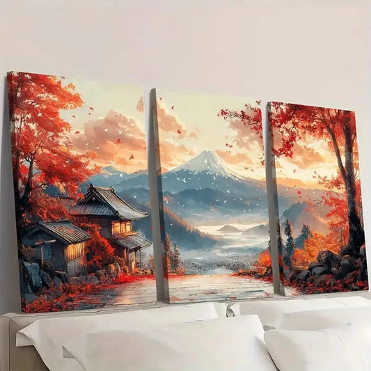 3pcs Japanese Country JC Wall Art Set Canvas Framed 60x90cm - High Quality Print 100% Australian Made Wall Canvas Ready to Hang