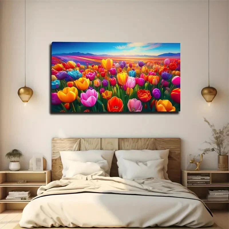 Vibrant Tulip Landscape Wall Art Canvas Office Home Room Framed 120x60cm