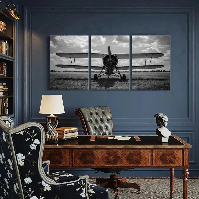 3pcs Black & White Plane Print with Cloudy Sky Metal Print Ready to Hang Art - Bella Home Decor