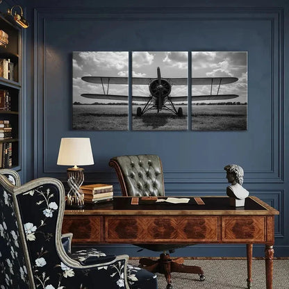 3pcs Black & White Plane Print with Cloudy Sky Metal Print Ready to Hang Art - Bella Home Decor