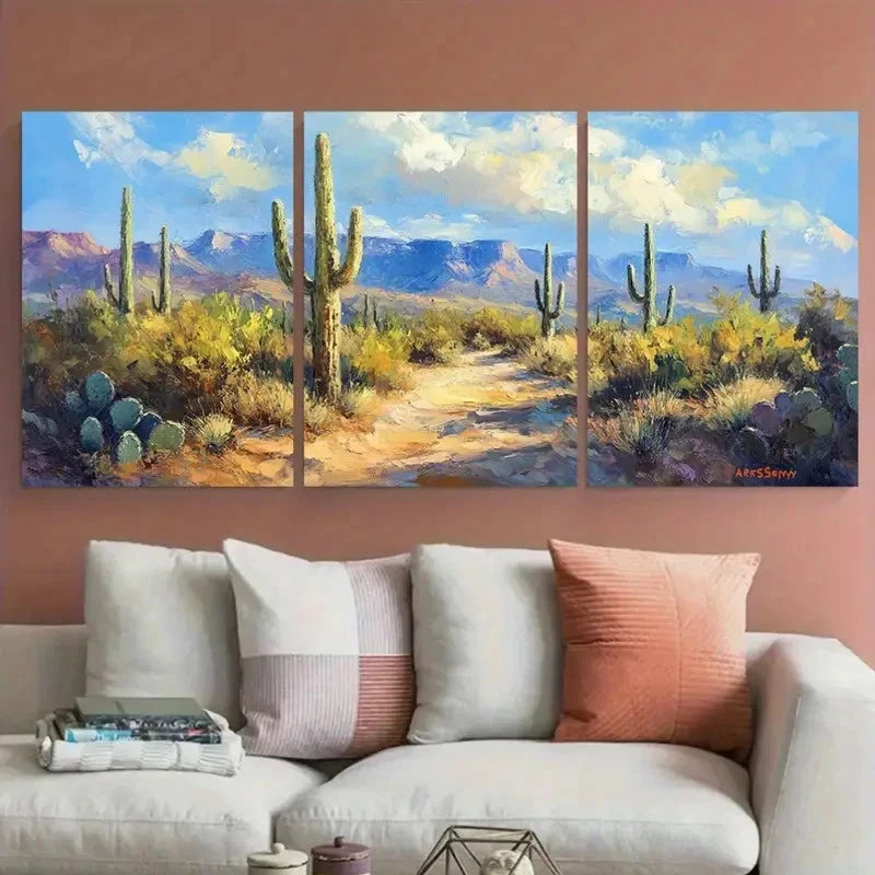 3pcs Saguaro Cactus Landscape Impasto Design Wall Art Set Canvas Framed 60x90cm - High Quality Print 100% Australian Made Wall Canvas Ready to Hang