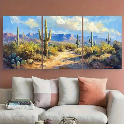 3pcs Saguaro Cactus Landscape Impasto Design Wall Art Set Canvas Framed 60x90cm - High Quality Print 100% Australian Made Wall Canvas Ready to Hang