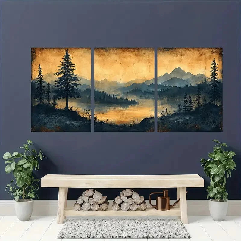 3pcs Vintage Sketch Pine Tree Artwork Landscape Metal Print Ready to Hang Art - Bella Home Decor