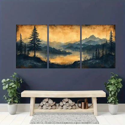 3pcs Vintage Sketch Pine Tree Artwork Landscape Metal Print Ready to Hang Art - Bella Home Decor