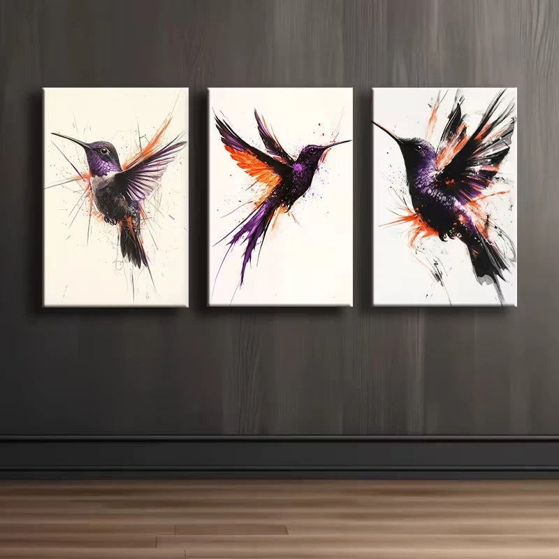 3pcs Purple and Black Hummingbird Bird Paintings Wall Art Set Canvas Framed 50x70cm - High Quality Print 100% Australian Made Wall Canvas Ready to Hang