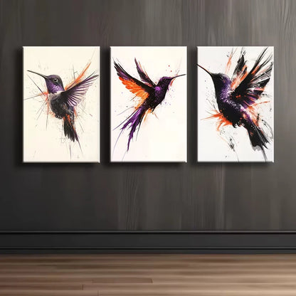 3pcs Purple and Black Hummingbird Bird Paintings Wall Art Set Canvas Framed 50x70cm - High Quality Print 100% Australian Made Wall Canvas Ready to Hang