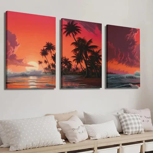 3pcs Tranquil Beach Sunset Tropical Plants Wall Art Set Canvas Unframed - High Quality Print 100% Australian Made Wall Canvas - Bella Home Decor