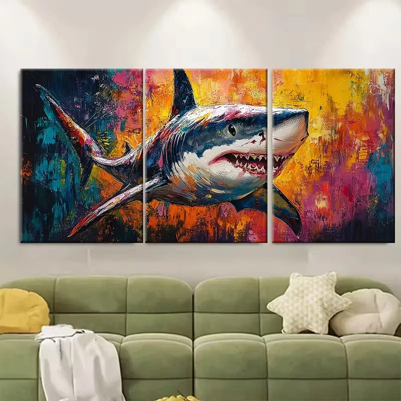 3pcs Colorful Abstract Shark Metal Print Ready to Hang Art - Bella Home Decor