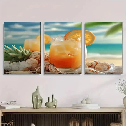 3pcs Tropical Orange Juice with Ice Cubes Wall Art Set Canvas Framed 40x60cm - High Quality Print 100% Australian Made Wall Canvas Ready to Hang