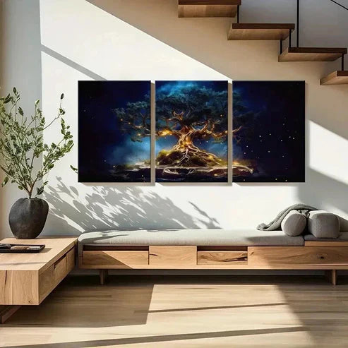 3pcs Glowing Lights Starry Night & Mystical Tree Wall Art Canvas Unframed - High Quality Print 100% Australian Made Wall Canvas - Bella Home Decor
