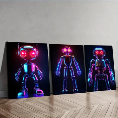 3pcs Modern Neon Robot Design Wall Art Canvas Unframed - High Quality Print 100% Australian Made Wall Canvas