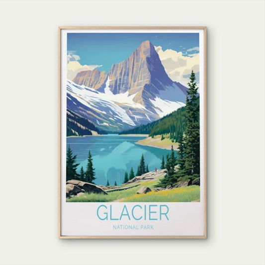 Glacier National Park, Pine Trees & Lake Travel Poster Print Wall Art