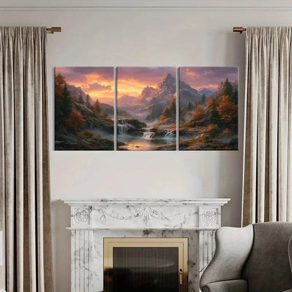 3pcs Mountain Sunset Forest Stream Autumn Colors Metal Print Ready to Hang Art - Bella Home Decor