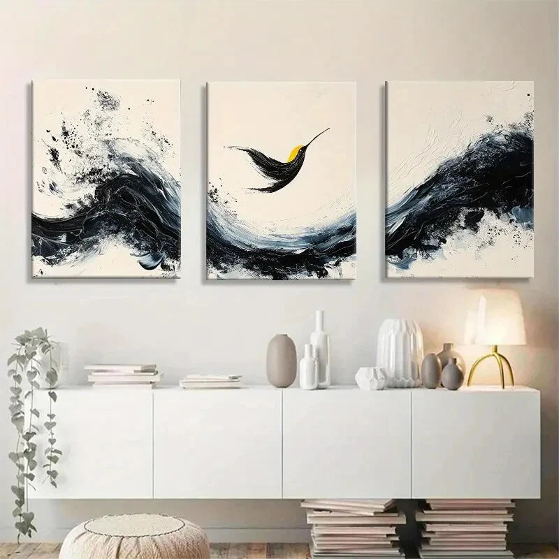 3pcs Modern Abstract Bird White & Blue Ocean Metal Print Ready to Hang Art - Bella Home Decor
