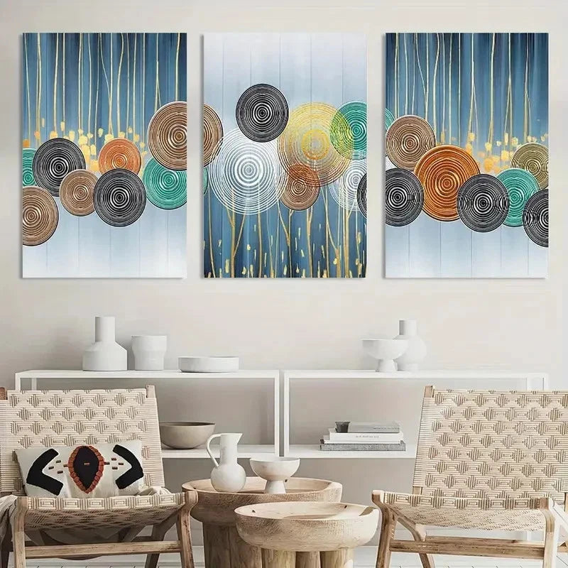 3pcs Vibrant Geometric Abstract Patterns in Blue Metal Print Ready to Hang Art - Bella Home Decor
