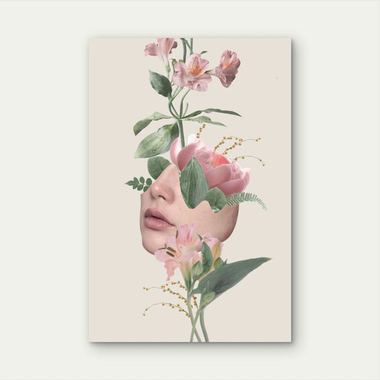 Surreal Floral Portrait Half Face Pink Flowers 40x60cm Metal Print Ready to Hang