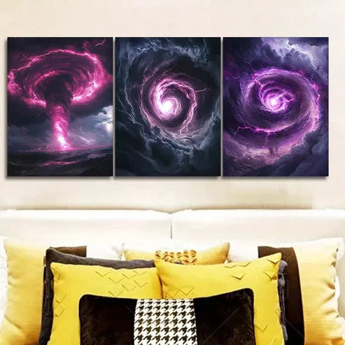 3pcs Tornado with Purple Color Lighting Wall Art Set Canvas Unframed - High Quality Print 100% Australian Made Wall Canvas
