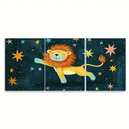 3pcs Little Lion Dancing Nursery Design Wall Art Set Canvas Framed 60x90cm - High Quality Print 100% Australian Made Wall Canvas Ready to Hang