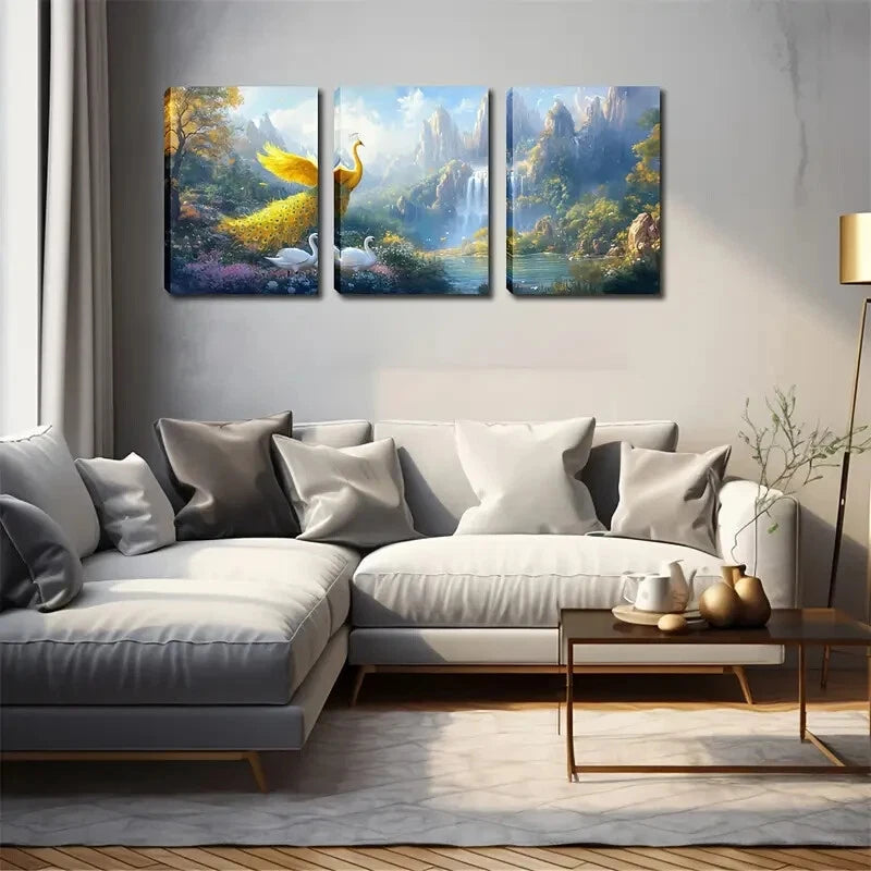 3pcs Golden Peacock And Swan Waterfall Perfect Wall Art Set Canvas Framed 40x60cm - High Quality Print 100% Australian Made Wall Canvas Ready to Hang - Bella Home Decor