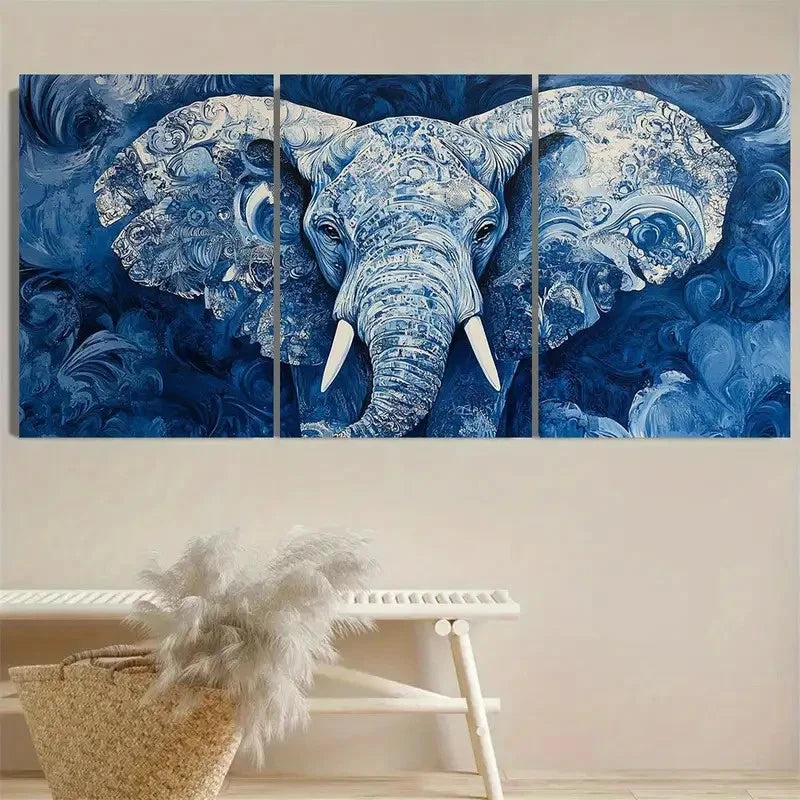 3pcs Blue Elephant Wall Art Set Canvas Framed 50x70cm - High Quality Print 100% Australian Made Wall Canvas Ready to Hang - Bella Home Decor