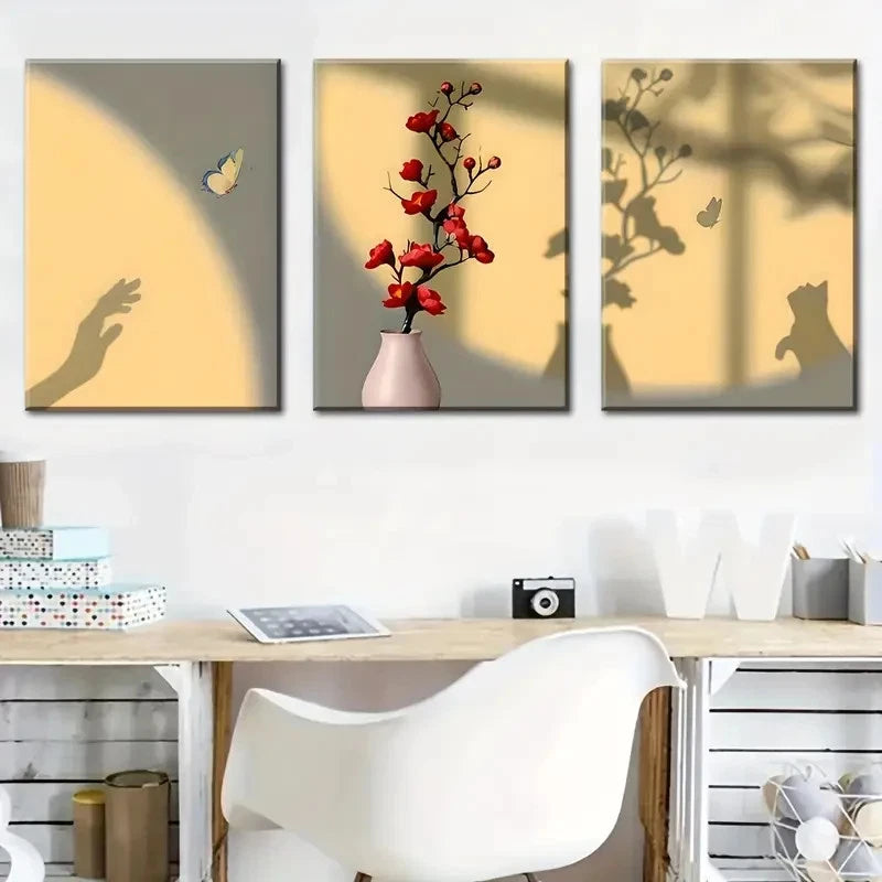 3pcs Light & Shadow Floral Wall Decor Prints Metal Print Ready to Hang Art - Bella Home Decor