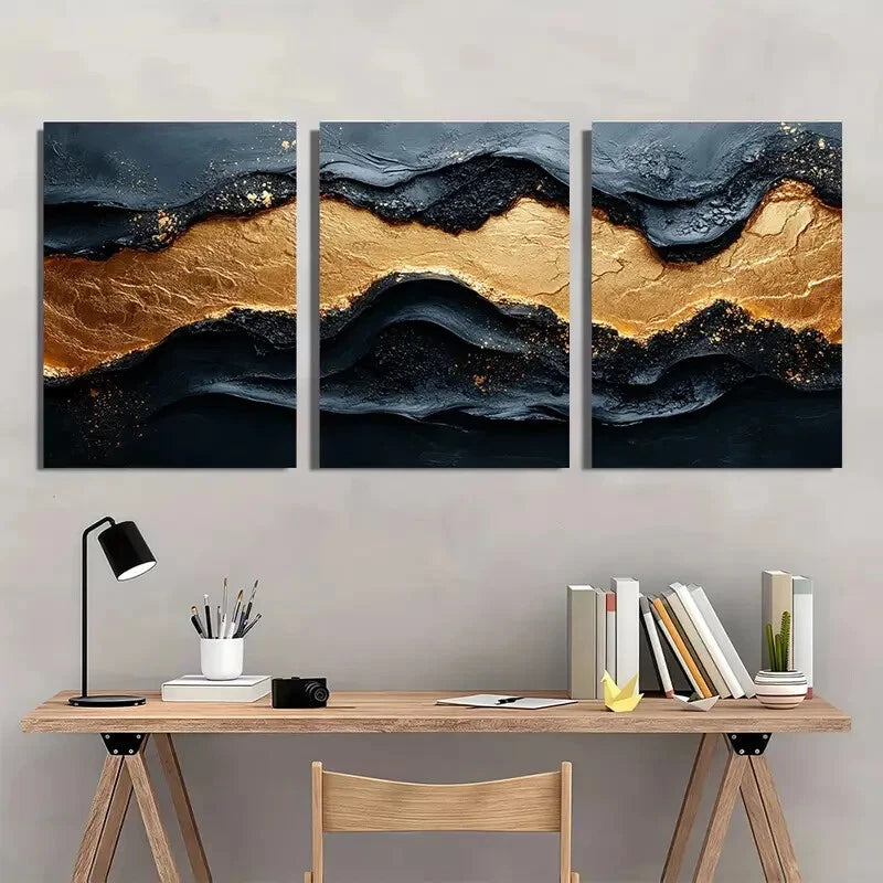 3pcs Modern Abstract Black & Golden Textured Metal Print Ready to Hang Art - Bella Home Decor