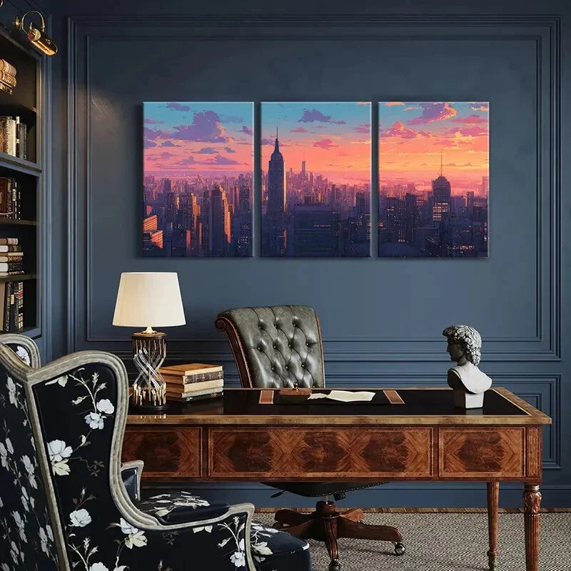 3pcs Cityscape Art Urban Skyline Sunset Glow Metal Print Ready to Hang Art - Bella Home Decor