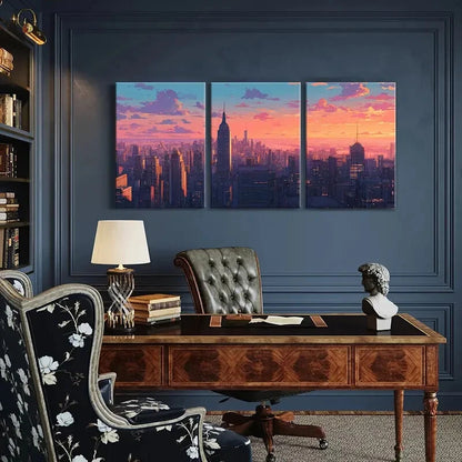3pcs Cityscape Art Urban Skyline Sunset Glow Metal Print Ready to Hang Art - Bella Home Decor