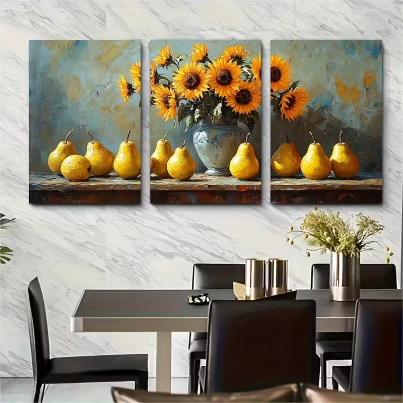3pcs Still Life of Sunflowers in a Vase Metal Print Ready to Hang Art