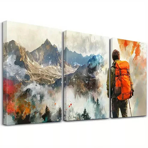 3pcs Mountain and Hiker & Snow-Capped Peaks Wall Art Canvas Unframed - High Quality Print 100% Australian Made Wall Canvas